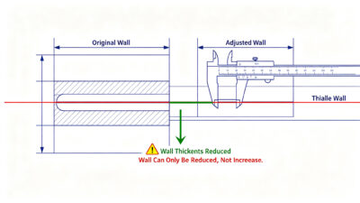 Cross-section diagram of CNC machined part showing wall thickness adjustment with micrometer measurement, wall can only be reduced not increased