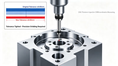CMM coordinate measuring machine inspecting CNC machined part with tolerance band tightened from ±0.05mm to ±0.02mm