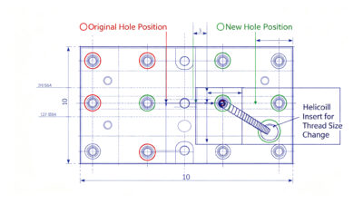 Top view blueprint of CNC plate showing original and new hole positions with Helicoil wire thread insert for thread size change