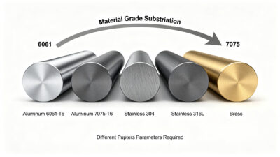Five CNC material bars comparison: Aluminum 6061-T6, 7075-T6, Stainless 304, 316L and Brass for mid-production material grade substitution
