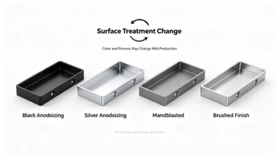 Four identical CNC parts with different surface treatments: black anodizing, silver anodizing, sandblasted and brushed finish comparison