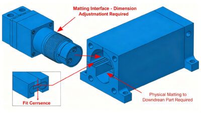 3D assembly diagram showing CNC mating interface dimension adjustment between male connector and female receptacle with fit clearance cross-section
