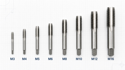 Top-down flat lay of screw taps arranged from M3 to M16 on an engineering drawing surface