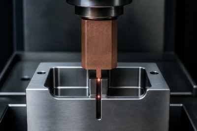 Sinker EDM machine machining a deep narrow slot in stainless steel with a copper electrode and faint orange-red discharge glow