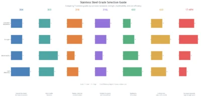 Infographic comparing 7 stainless steel grades (304, 303, 316, 316L, 430, 420, 17-4PH) by corrosion resistance, strength, machinability, and cost efficiency for CNC machining