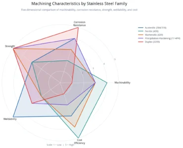 Radar chart comparing machining characteristics of five stainless steel families (austenitic, ferritic, martensitic, precipitation hardening, duplex) across machinability, corrosion resistance, strength, weldability, and cost efficiency