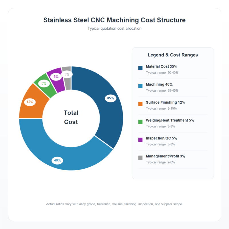 Donut chart showing stainless steel CNC machining cost breakdown across material, machining, surface finishing, welding, inspection, and management