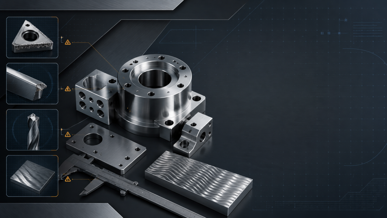 Industriedesign-Illustration von Problemen bei der CNC-Bearbeitung von Edelstahl, einschließlich Werkzeugverschleiß, gebrochener Bohrer, Aufbaukante, und Rattermarken