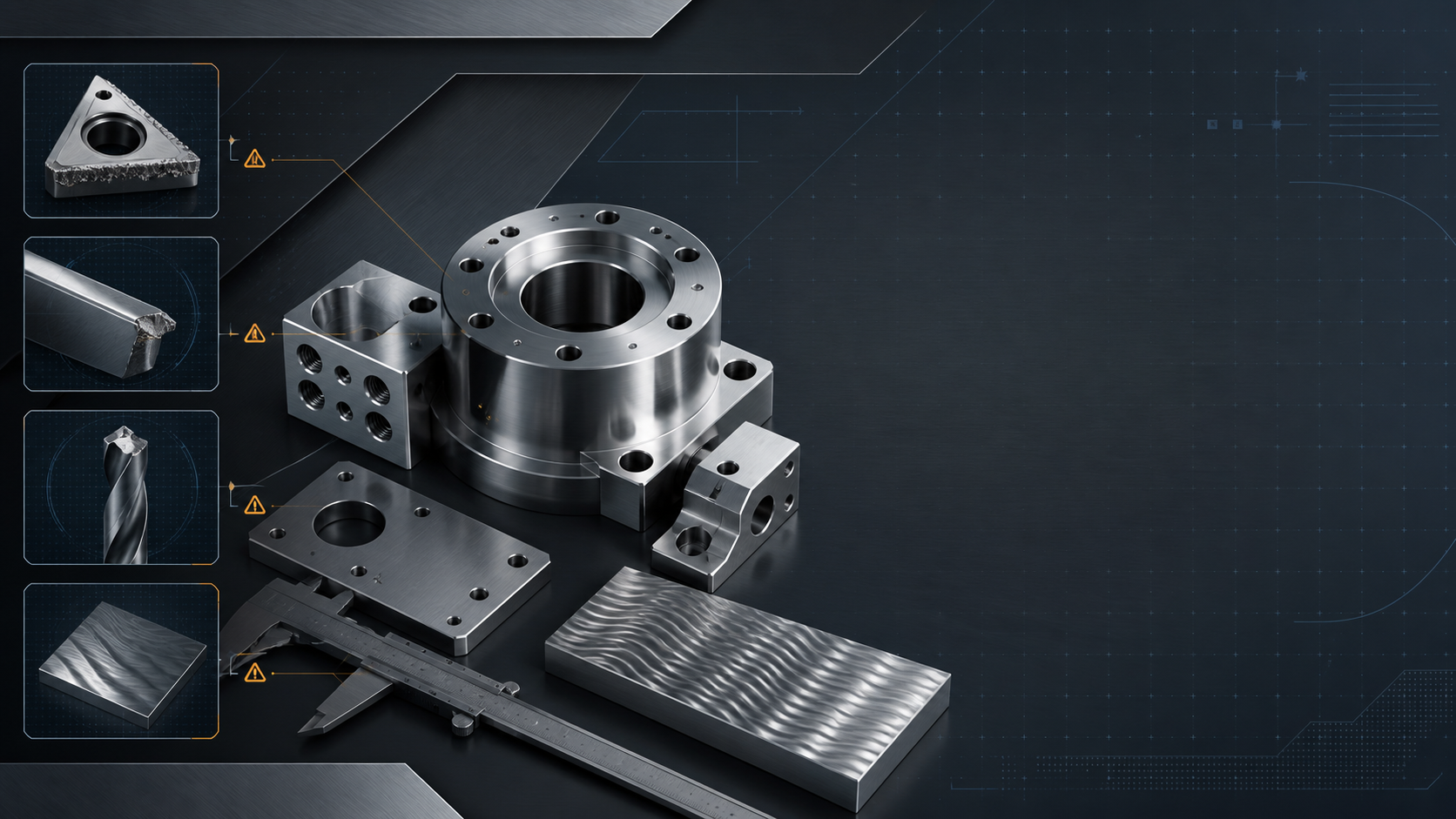 Industrial design illustration of stainless steel CNC machining problems including tool wear, broken drill, built-up edge, and chatter marks