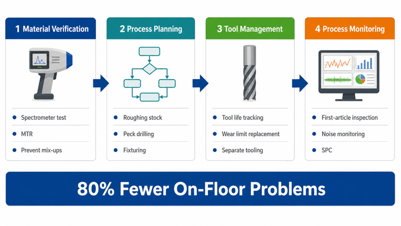 Four-stage flow infographic showing a stainless steel machining prevention system from material verification to process monitoring.