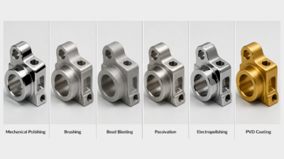 Six-panel product comparison showing stainless steel CNC machined parts with mechanical polishing, brushing, bead blasting, passivation, electropolishing, and gold PVD coating finishes