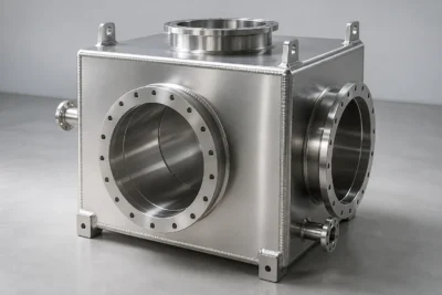 Large welded stainless steel chamber with clean silver metal surfaces and neat TIG fish-scale weld seams
