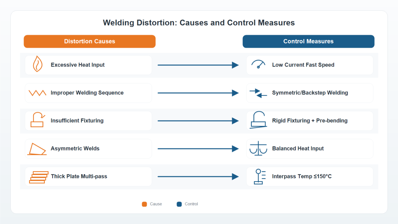 Diagram showing five causes of welding distortion in stainless steel and their corresponding control measures
