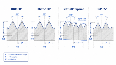 Engineering diagram comparing UNC, Metric, NPT, and BSP thread standard cross-sections and angles