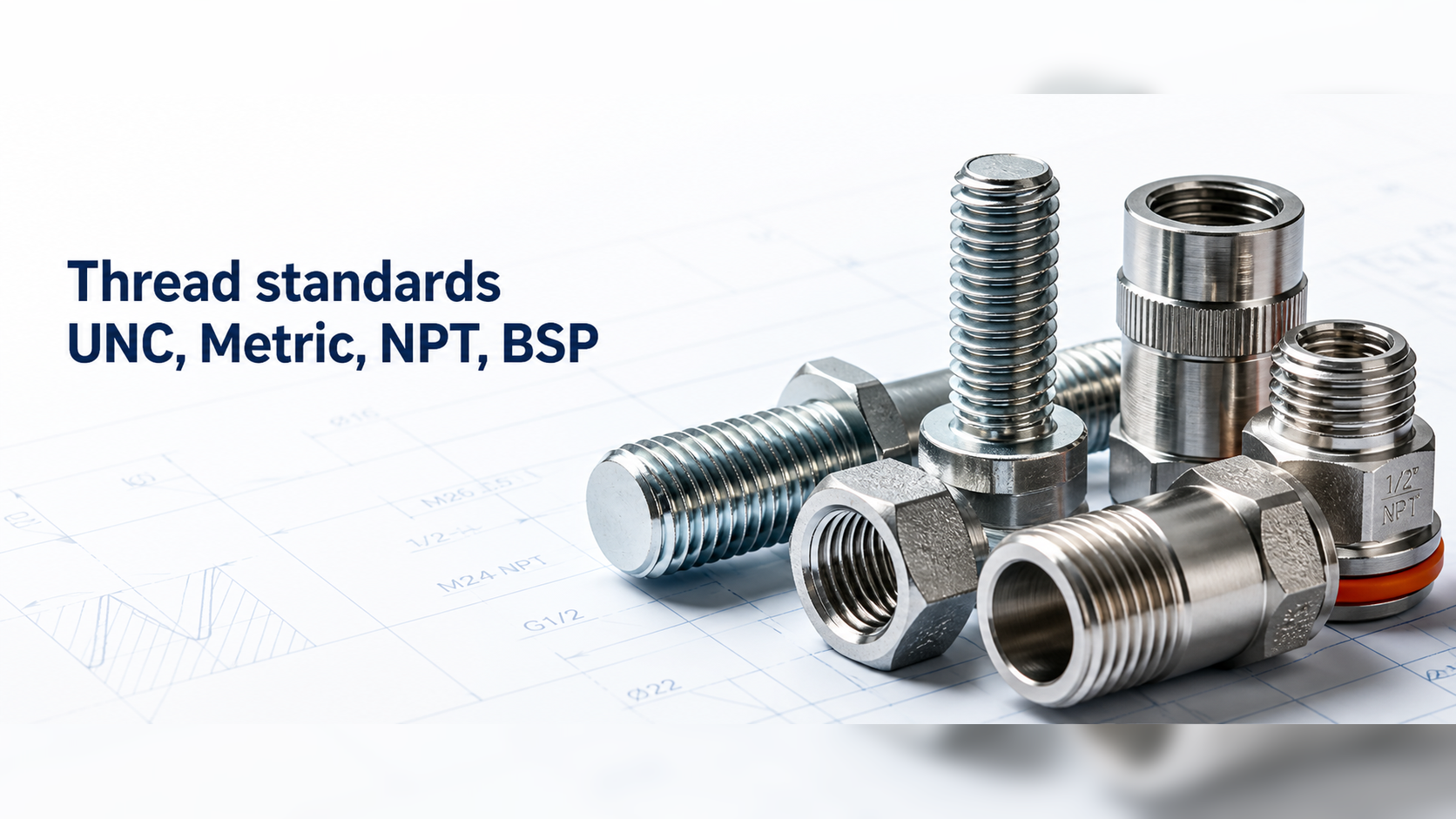 Thread standards comparison showing UNC Metric NPT and BSP threaded metal fasteners on engineering blueprint background
