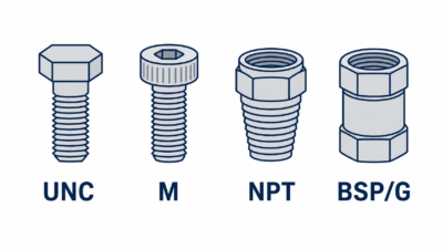 Four industrial technical icons representing UNC, M, NPT, and BSP/G thread standards