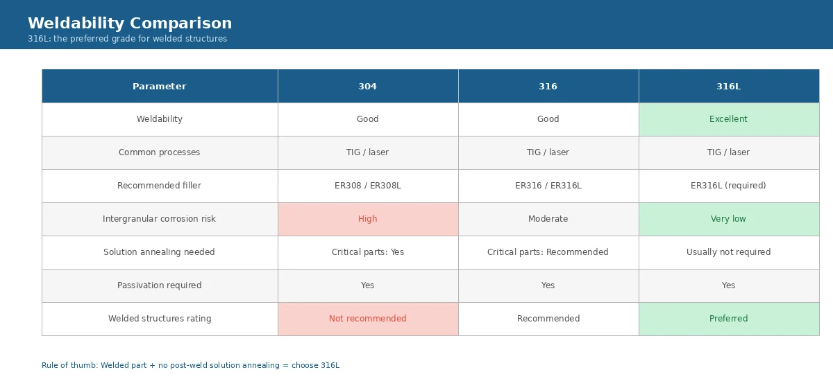 Weldability comparison table for 304, 316, and 316L stainless steel covering filler metals, intergranular corrosion risk, and post-weld treatment requirements