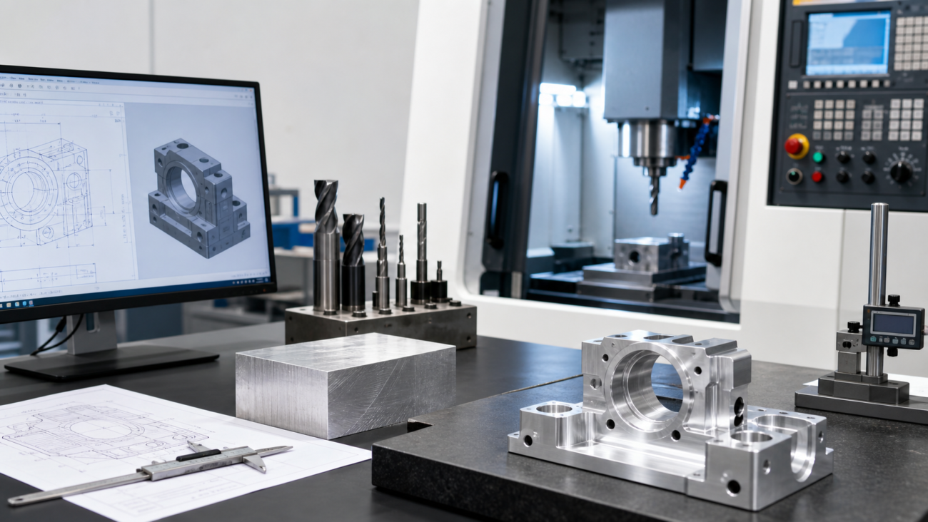 CNC machining workflow from customer drawing and raw aluminum block to finished precision machined part