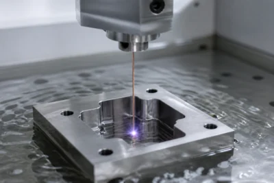 Wire EDM machine cutting a precision stainless steel cavity with a vertical copper wire, water ripples, and faint blue-purple discharge sparks